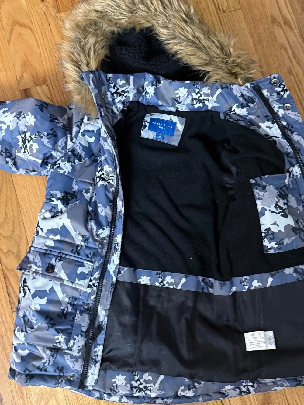 Perry Ellis Blue Camouflage Kids Puffer Jacket with Faux-Fur Hood